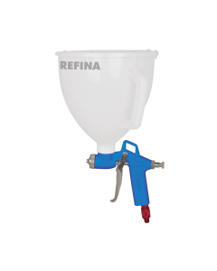 Refina Hopper Spray Gun. 5ltr Works with 1.5kw 10cfm compressor. White Hopper connected to metal trigger lever. Connection point for compressor.

