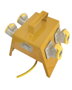 External Transformer Splitter box. 110 volt 4 way splitter. Each of the four Inlets sockets is protected with a flip down cap. Yellow unit with a handle at the top to aid portability.
