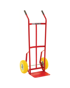 Clarke Strong Arm Sack Truck - Red tubular steel construction set on two wheels  & yellow pneumatic tyres.  