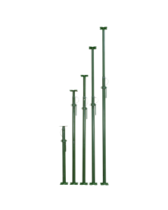 A row of five green acrow props in varying sizes.