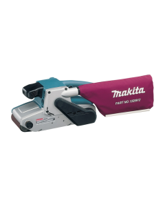 Makita Belt Sander 9404. Blue and silver casing with a burgundy red dust bag attachment.