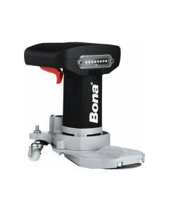 Bona Edge Sander. Two black rubber handles at the top of the unit and two adjustable height wheels at the base. Stainless Steel casing. 