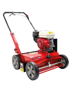 Red Camon LS52 Lawn Scarifier with Honda GX200 petrol engine, height adjustment wheel and foldable handlebar.