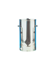 Burco Stainless Steel Catering Cylindrical Urn. Black knob to top lid. Locking dispensing tap. Thermostatic Light indicator and temperature dial.