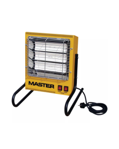 Yellow Ceramic Radiant Heater with red operating switches and mounted on black cantilever stand.