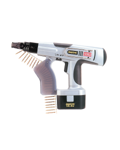 Silver and black Senco Duraspin Cordless Auto Feed Screwdriver with a strip of screws.