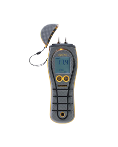 Protimeter Damp Meter. Digital Mini. LCD Display. Back Light. With two rubber buttons. Power Button and Detection Button. Removeable top cover with retaining cord. Twin metal Moisture Probes at the top of unit.