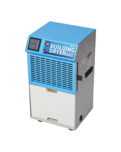 Blue and grey Dri-Eaz Building Dryer BD600 with white water tank, red power button and red tank indicator light. 