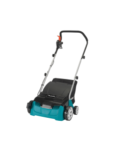 Silver, red and black AL-KO 38E Electric Lawn Scarifier with 55 litre fabric collection box.