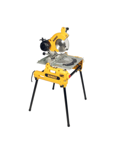 DEWALT Flip over Mitre Saw. DW 742. Supported by four tubular black metal legs. Safety Guard over Circular saw blade. Multiple angle adjustment product guide. 