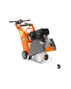 Orange Clipper C99 Floor Saw with blue blade and white water tank. 