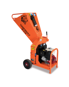 Orange Timberwolf TW 13/75G Wood Chipper with Honda petrol engine and black wheels. A graphic of a wolf's head appears on the front and side profiles of the feed funnel. 