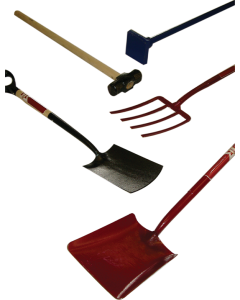 Selection of Faithful Hand Tools including Earth Rammer, Sledge Hammer, Garden Fork, Spade and shovel.