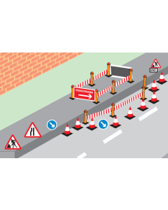 Road scene depicting multiple road signs including Person at work triangular sign, Triangular narrowing roadway sign, Road cones, Road Barrier tape and posts, Pedestrians this way sign with an arrow, White out of blue circular arrow signs and End of Works