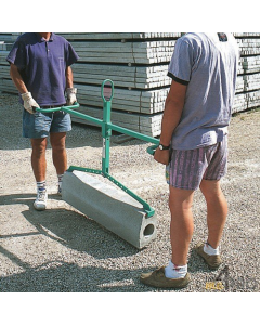 PROBST Kerbstone Lifter. Two persons lifting kerbstone. Twin handles each end. As lifting handles are raised rubber grabbers hold kerb in place.
