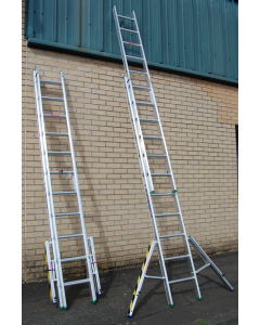 Two Clow aluminium double section ladders with folding stabilisers, serrated D-shaped rungs and robust box section stiles, positioned against a building's exterior.