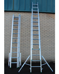 An aluminium triple section ladder with D rung profile and non-slip rungs. 