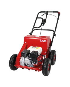 Red Camon LA25 Lawn Aerator with Honda GX160 Petrol engine, white fuel tank and four foam-filled tyres.