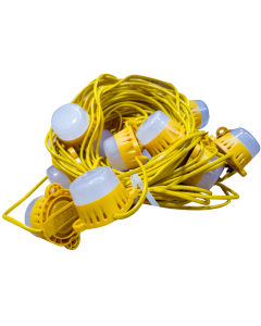 Festoon Lighting - 25m. Bright Yellow wiring linking indiviual lights. Set of lights is cable tied in a loop for storage purposes
