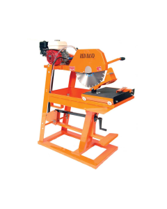 Orange Clipper Major Masonry Bench Saw with blue blade, winding handle and foot pedal. 