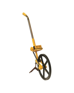 Free standing Measuring Wheel. Single Spoked Black Wheel with support stand. Rubber Handle with single metal tube going into a fork to house wheel.