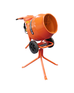 Altrad Belle Minimix 150 tip-up cement mixer in orange on tripod stand. 