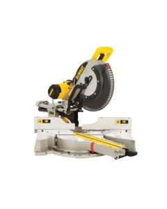 DEWALT Mitre Saw - Crosscut. Single blade with large yellow handle. Blade sits above adjustable angled guide which rotates. Black plastic lever to adjust and lock angle desired prior to cutting.