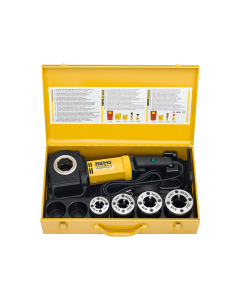 REMS Amigo 2 Electric Pipe Threader. Unit housed in a Yellow metal box. Corded tool. Various thread sizes. Warning sign inside the lid.
