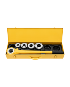 Pipe Threader Ratchet Diestock Set- Manual. Yellow ratchet with various size treading options housed in a yellow metal case.
