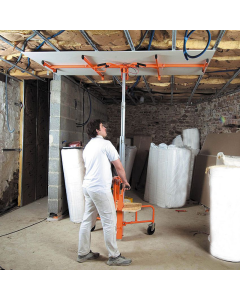 Mevpano 2 pro plasterboard lifter.
Based on three wheels, upright column connected to metal tubular frame table (orange) supporting sheet material.
