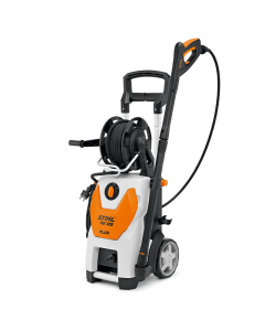 Orange, grey and black Stihl RE 123 Plus 1500 Psi Electric Pressure Washer with trigger attachment and hose reel.