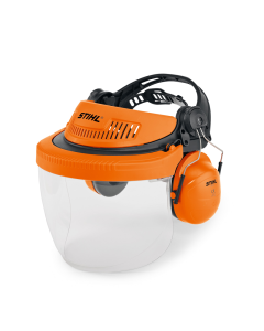 Orange Stihl peaked protective helmet with integrated visor, ear protectors and size adjustment band. 