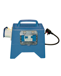 Portable Rogy RCD Power Breaker. Handled blue unit with one capped inlet socket and a power lead with a standard molded plug attached. RCD switch is protected with a sprung shut clear plastic cover over it.