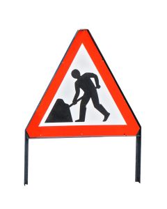Triangular Road sign with red surround and retractable back support which allows sign to be stored flat when retracted. Sign depicts Person using spade digging a pile of material.