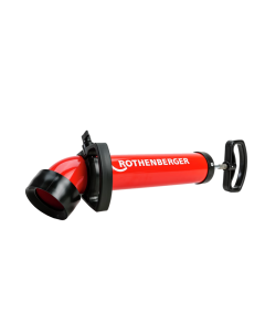 Rothenberger Professional Force Pump.  Operator placing pump into toilet bowl and pumping handle. Red Cylinder with black plastic handle.