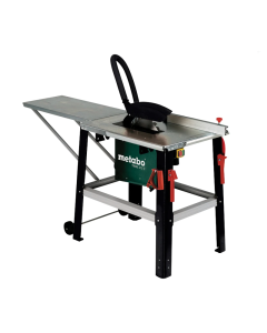 Elektra Beckum TKHS 315 Table Saw Bench. Safety Blade Cover with dust extraction. Cutting width adjustable guide. Freestanding on four legs. Metal Construction. Safety Product guider hung from one leg.