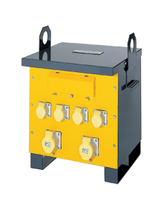 Site Transformer. Multiple 16 and 32 amp outlets. Twin handled Metal unit with a yellow front side. All other sides to the unit in grey. 204v to 110v.