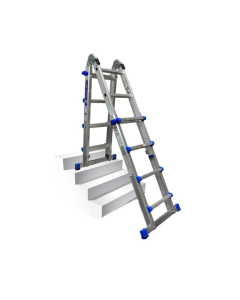 An aluminium stairwell ladder positioned in a stairwell with two windows behind.