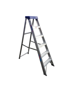 Aluminium step ladder with six steps and a support rail.
