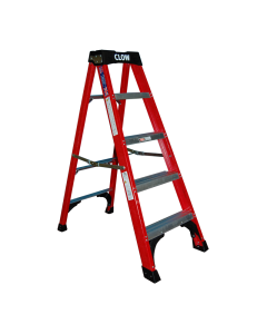 Red Clow Glass Fibre Step Ladder with double riveted wide non-slip treads, bar stays and black non-slip feet. 
