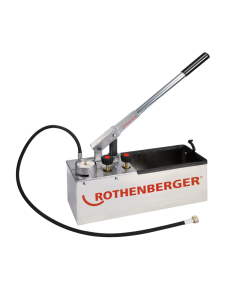 Rothenberger 60250 TP25 Pressure Testing Pump 25 Bar. Unit has red metal casing with pressure dials and single test handle. Pressure hose attachment.