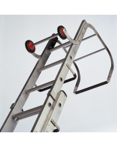 An extendable aluminium roof ladder with serrated rungs, ridge hooks and wheels.