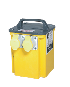 Birchwood Portable Transformer. Bright Yellow upright rectangular Unit with two closed cap inlet sockets. Grey metal Handle on top. Rating and particulars on label on the side.