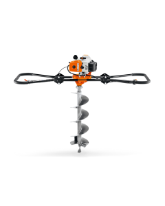 Orange  and grey Stihl BT-360 two-person post hole borer with fold-out handles and earth auger bit. 