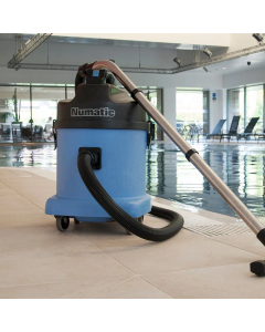 Blue and black Numatic WV570 Wet and Dry Vacuum Cleaner with black hose, metal pole and black attachment head. 