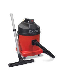 Red Numatic NVDQ570-2 23 Litre Commercial Vacuum Cleanerwith black hose, grey attachment pole and black brush head. 
