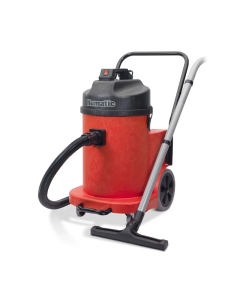 Red Numatic NVQ900 60 Litre Commercial Vacuum Cleaner with black hose, grey attachment pole and black brush head. 
