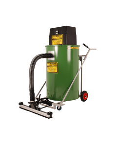 Green and black Big Brute Warehouse Vacuum Cleaner with black hose, metal pole and metal attachment head. 