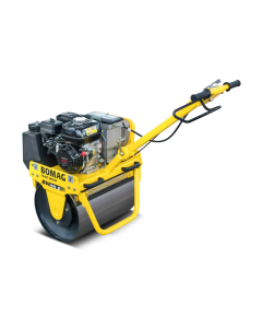 Yellow Bomag BW55E Petrol Vibrating Roller with black drum and Honda GX engine. 