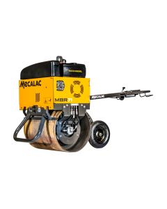 Yellow and black Mecalac MBR71 Single Drum Vibrating Roller with tow-behind trailer.  